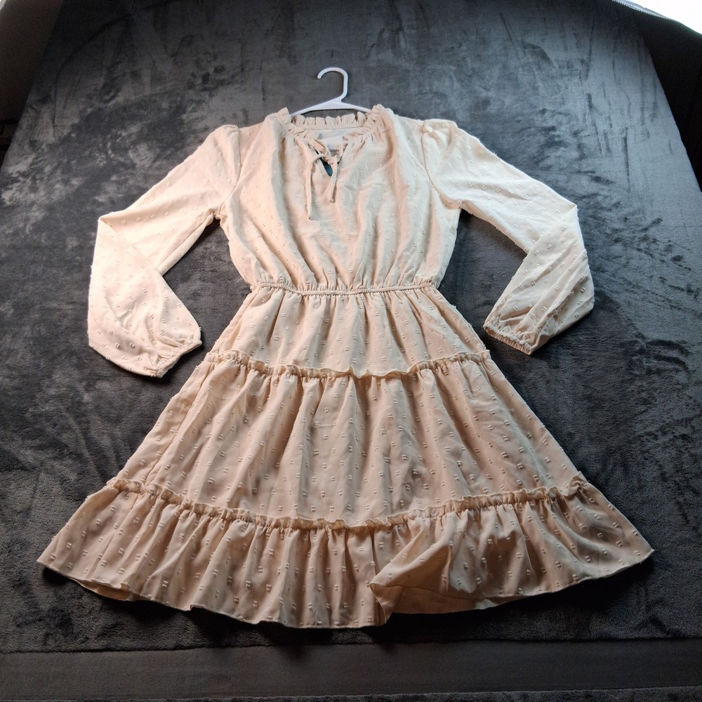 NWT Cupshe Mini Dress Womens XS Cream Swiss Dot Tiered Ruffle Long Sleeve Boho - Picture 2 of 8